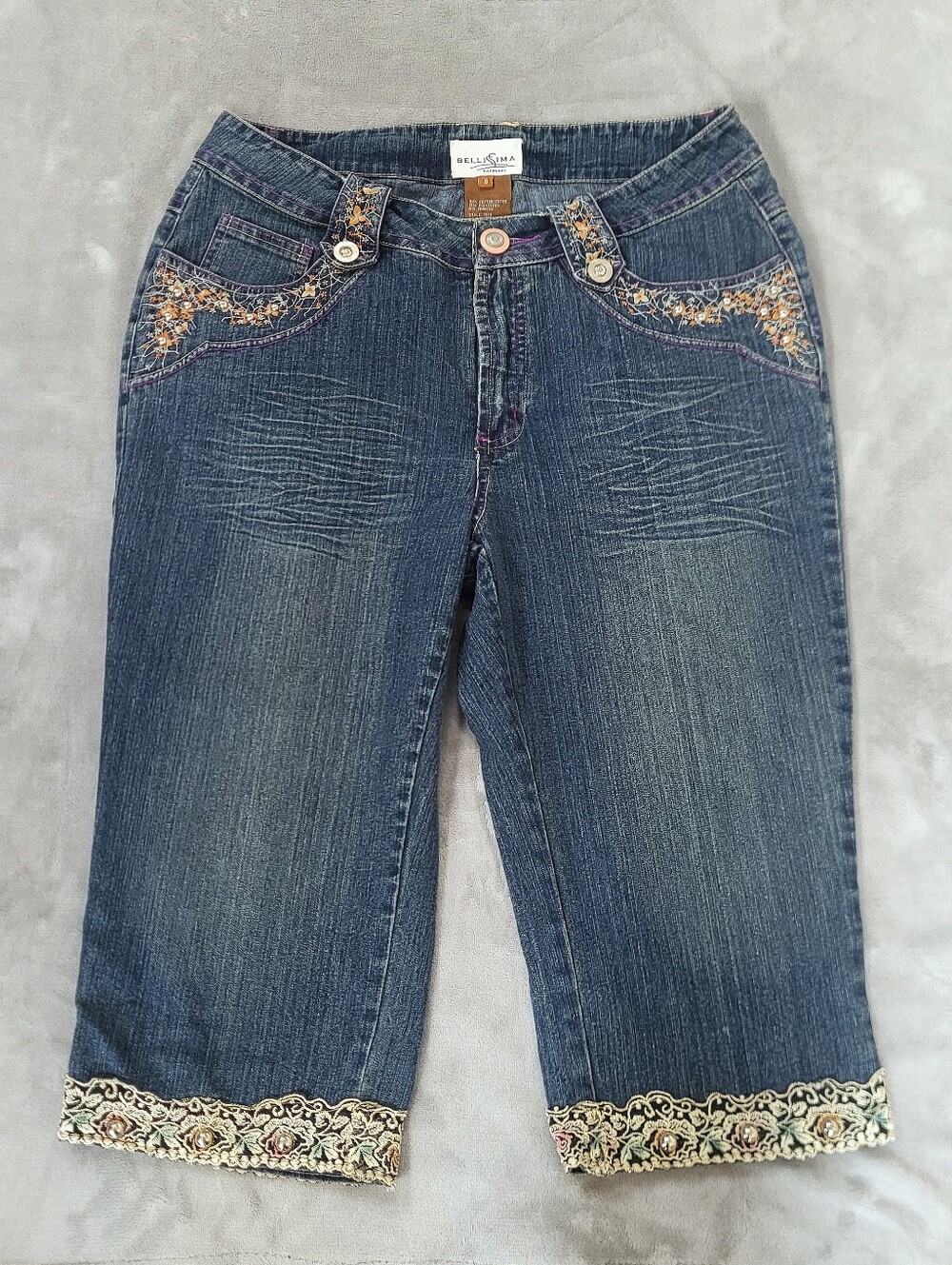Vintage Y2k Embroidered Lace Blue Crop Capri Jeans for Women